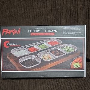 Parini Stainless Steel Condiment Trays with Acacia Wood Caddy